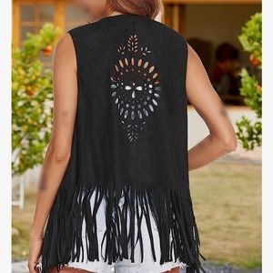 HOTLOOX Fringe Vest Women Faux Suede Cowgirl Costume Open Lapel Tassel 70s Hippi
